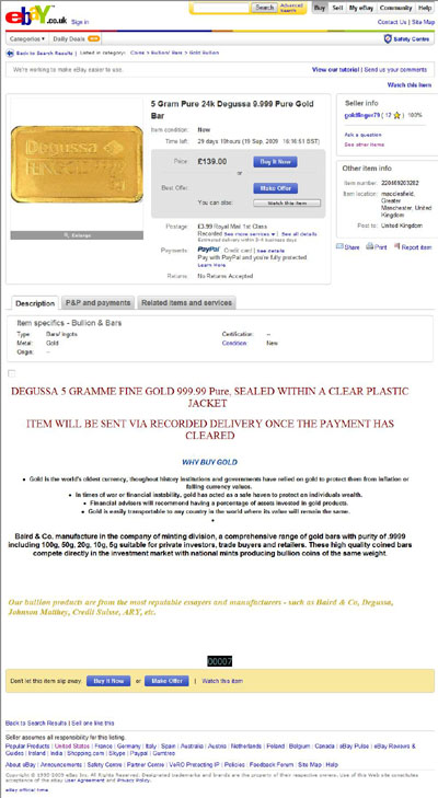 goldfinger79 eBay Listing Using our 5 Gram Degussa Gold Bar Photograph